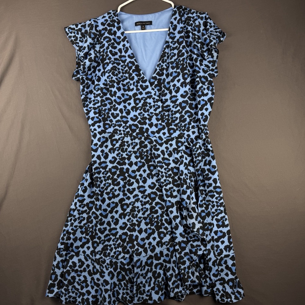 Banana Republic 6 Wrap Dress Blue Black Leopard Print Ruffle Short Sleeve